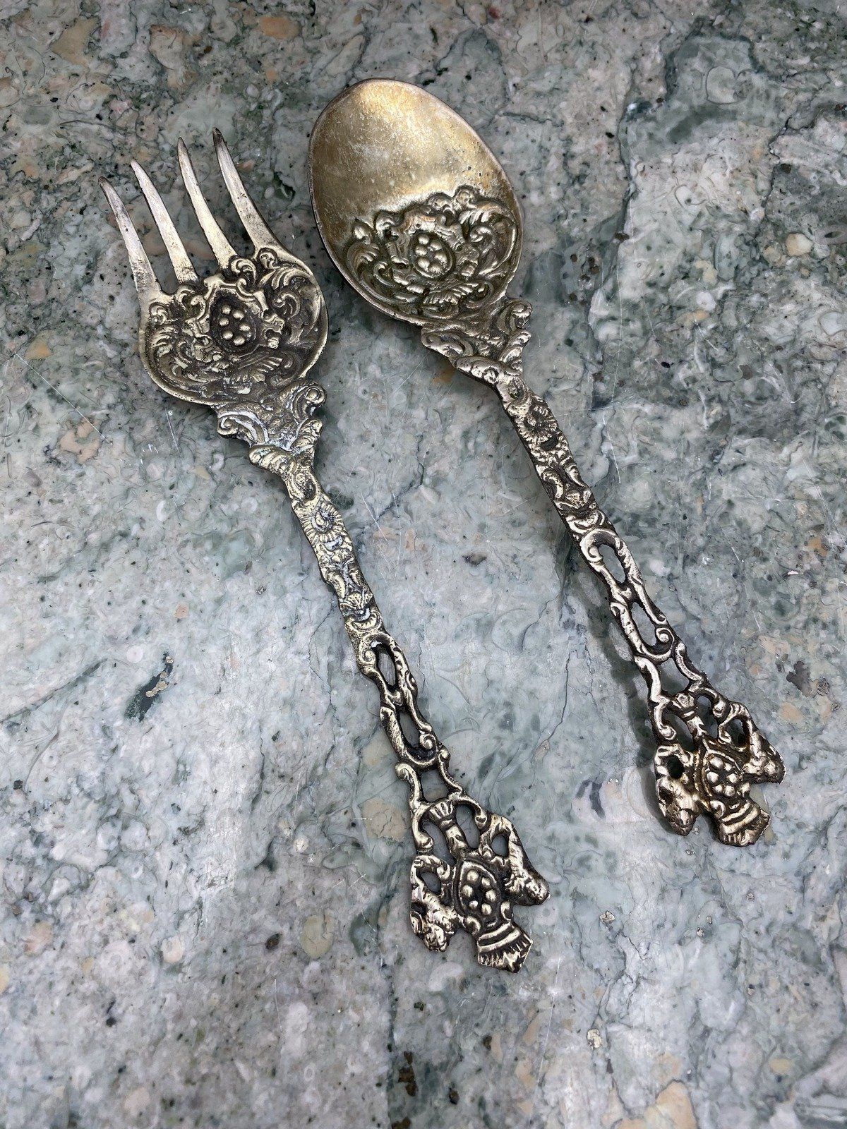 Vintage Italian Silver Plated Repousse Lion Shield Serving Fork + Spoon