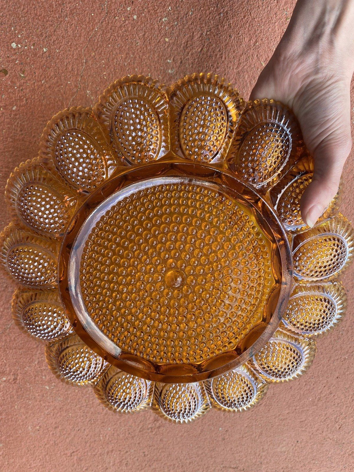 Marigold Vintage Carnival Glass Deviled Egg Scalloped + Hobnail Platter 17
