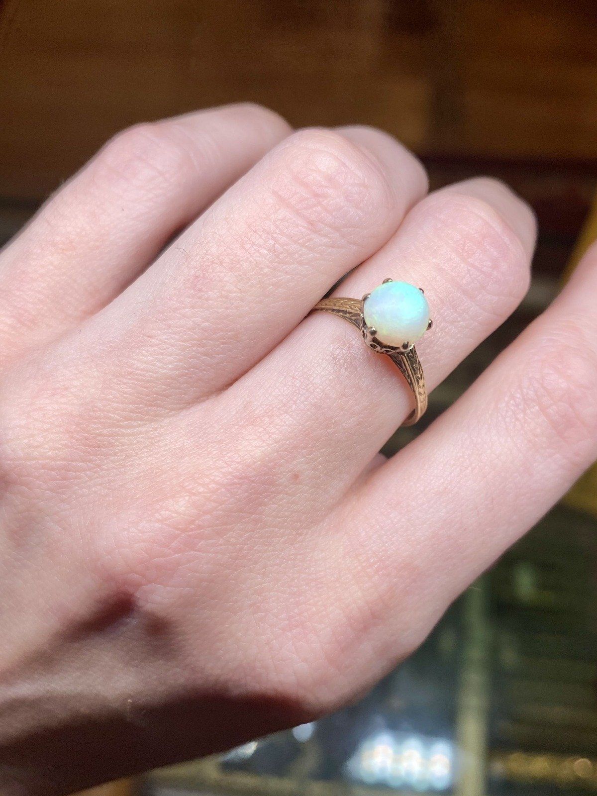 Antique Edwardian 14k Gold Matte Domed Opal Ring w Ornately Etched Setting #2734 3