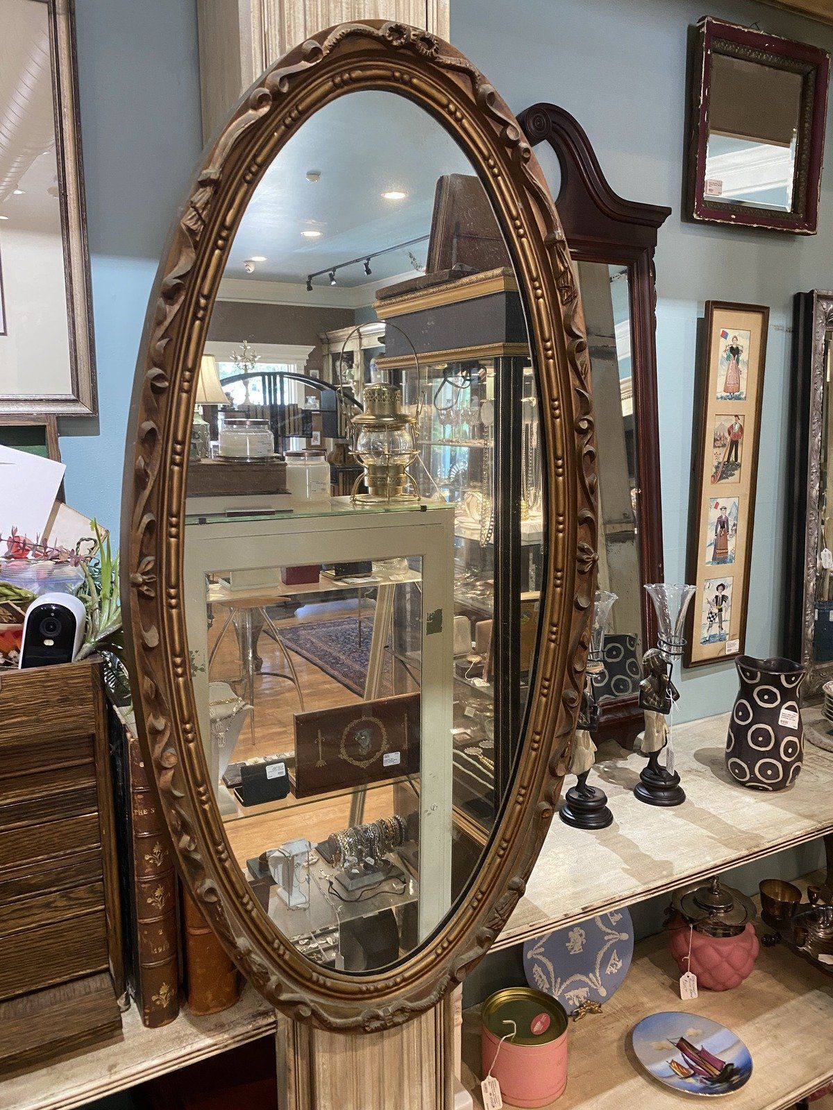 Large Oval Vintage Mirror w Molded Frame (36.5x18.5) 4