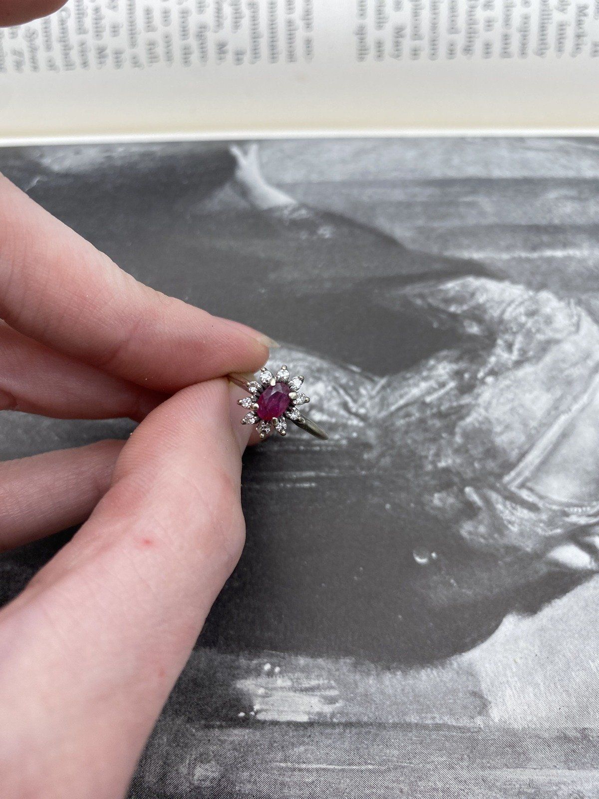 Antique 14k White Gold Oval Ruby + Diamond Flower Solitaire Ring 8