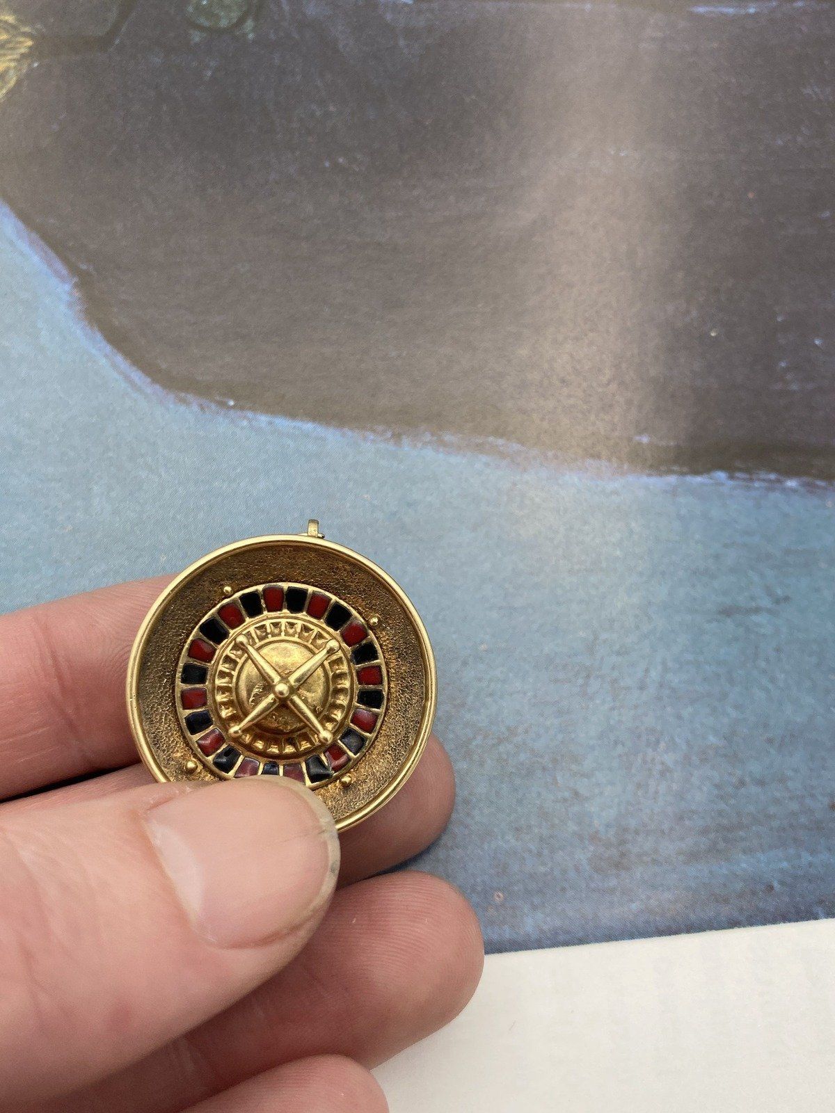 Cool Kinetic 18k Gold Vintage Mid Century c.1950s Roulette Wheel Casino Charm w Enamel Details + Green & Blue Chalcedony Posterior 6