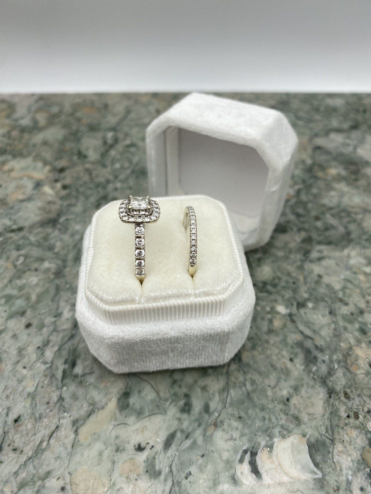 Ladies 14k Gold Leo 1.5ctw Princess Cut Cushion Haloed Diamond Engagement Ring + Band w GIA 2