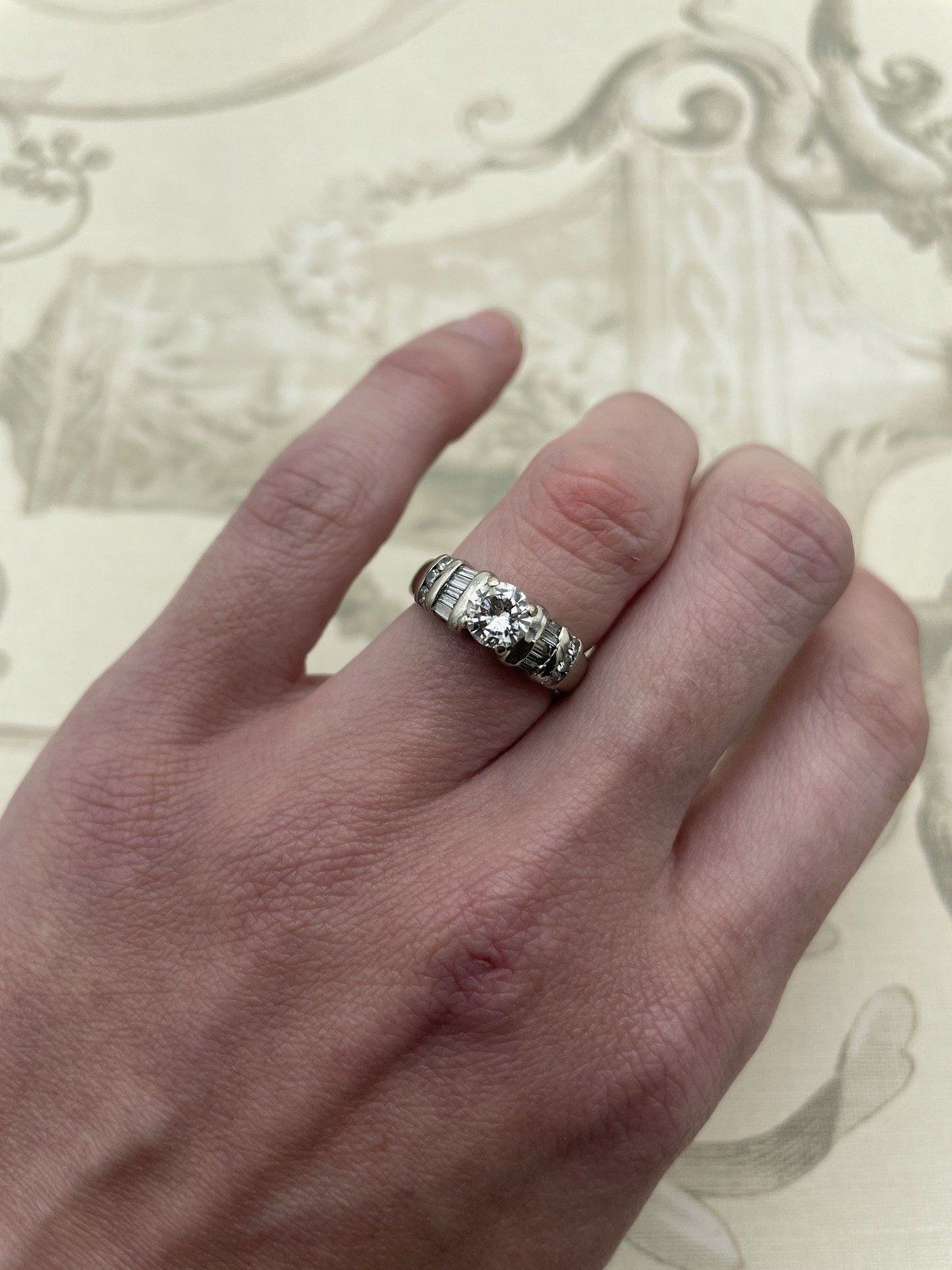 14k White Gold .85ct Center Solitaire Diamond Engagement Ring w Baguette + Round Diamond Shoulders 4