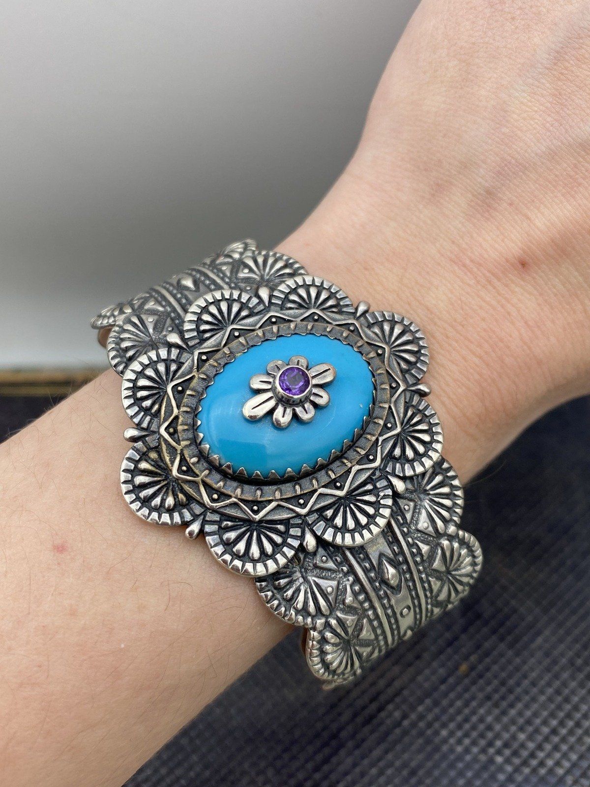 Signed Carilyn Pollack Sterling Silver Concho Cuff Bracelet w Amethyst + Synthesized Turquoise #2473 2