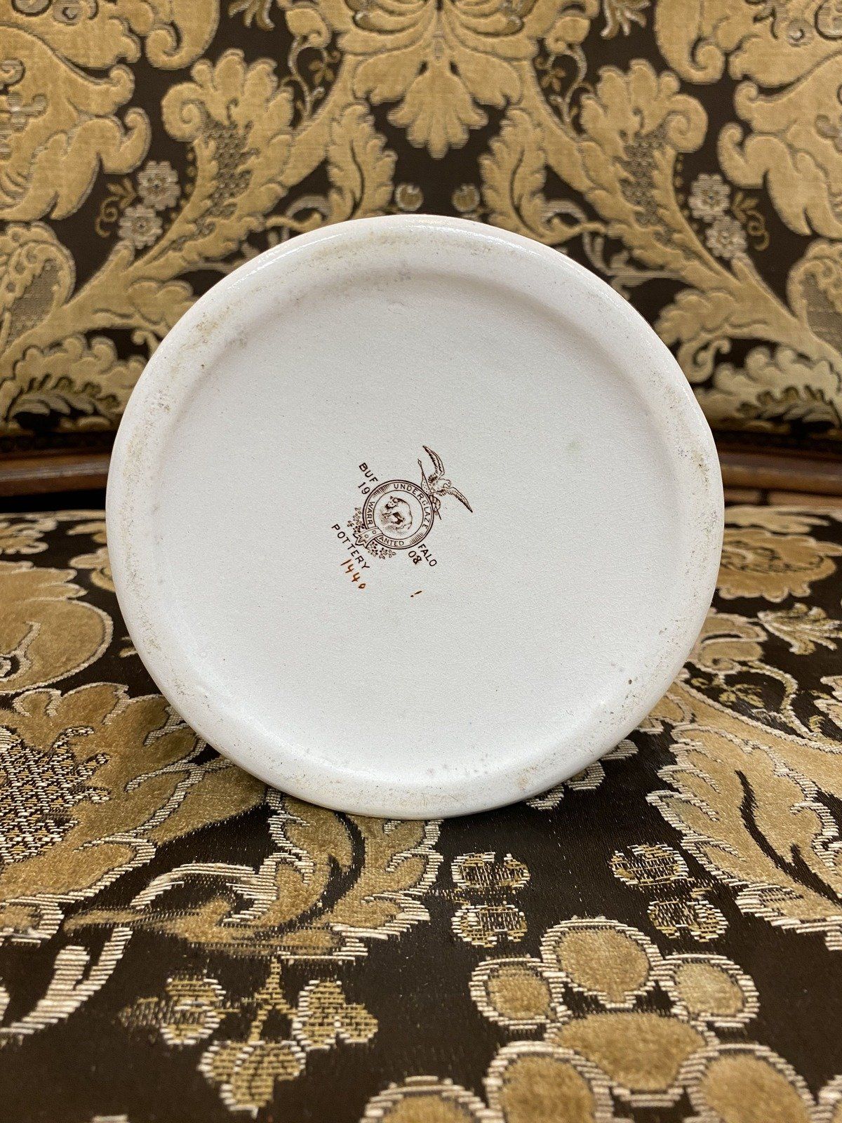 Antique c.1908 Ceramic Hand Painted Mayflower Pilgrimage Finely Detailed Buffalo Pottery Crock Milk Pitcher 11