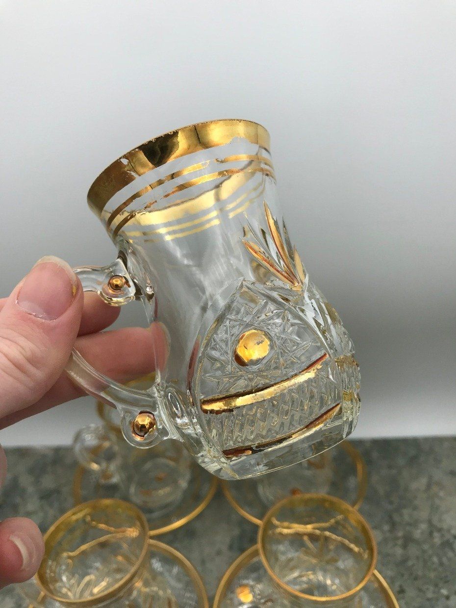 Set of 6 Gilt Detailed Pressed Glass Espresso Cups + Saucers 2