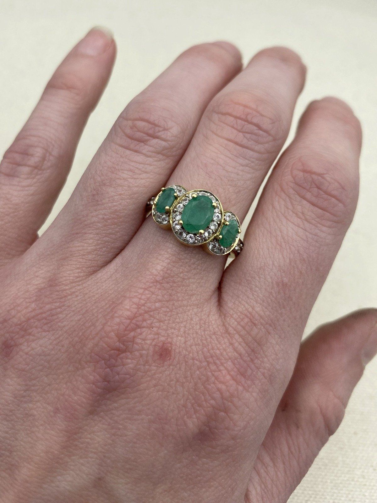14k Gold Trio Oval Emerald + White Topaz Ring 5