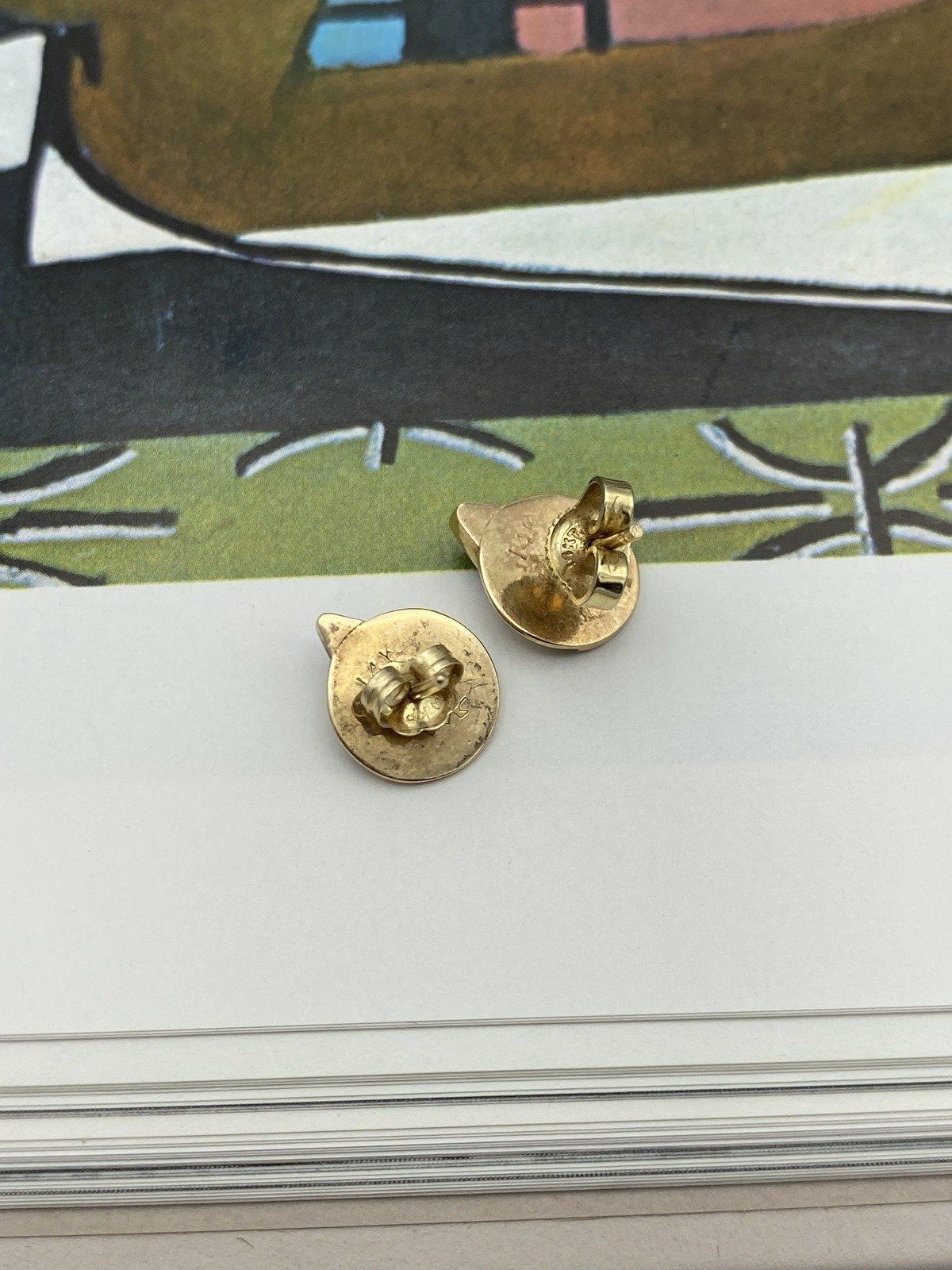 CUTE 14k Gold Modernist Lapis Inlay Geometric Stud Earrings #3075 2