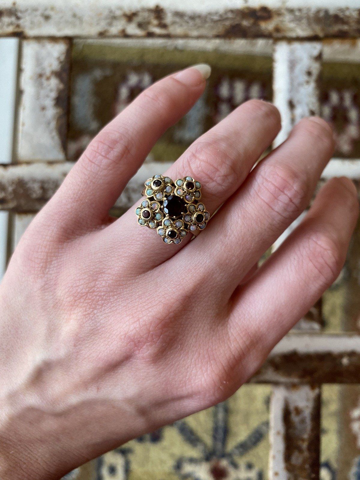 Vintage c.1940s/50s 10k Gold Micro Opal Florette + Garnet Cluster Ring 7