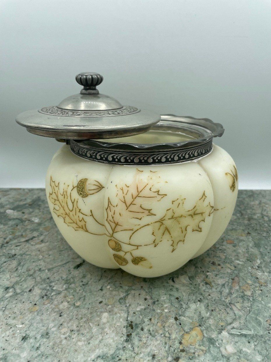 Large Gourd Shaped Wave Crest Biscuit Barrel w Acorn + Leaf Gilt Painted Motif 2