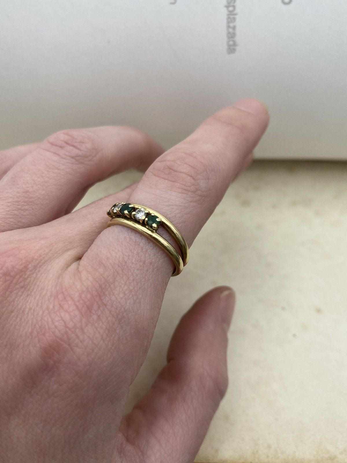 Vintage 14k Gold Double Band Emerald + Diamond Ring 6