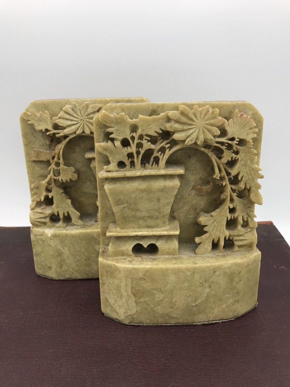 Pair of Sage Soapstone Carved Bookends