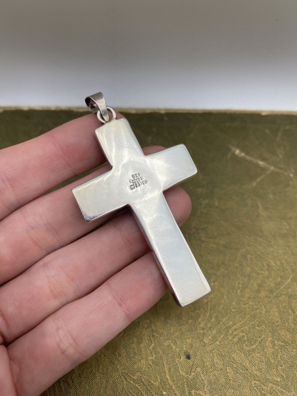Large Sterling Silver Mexico Natural Gemstone Inlaid Sleek Cross Pendant 3