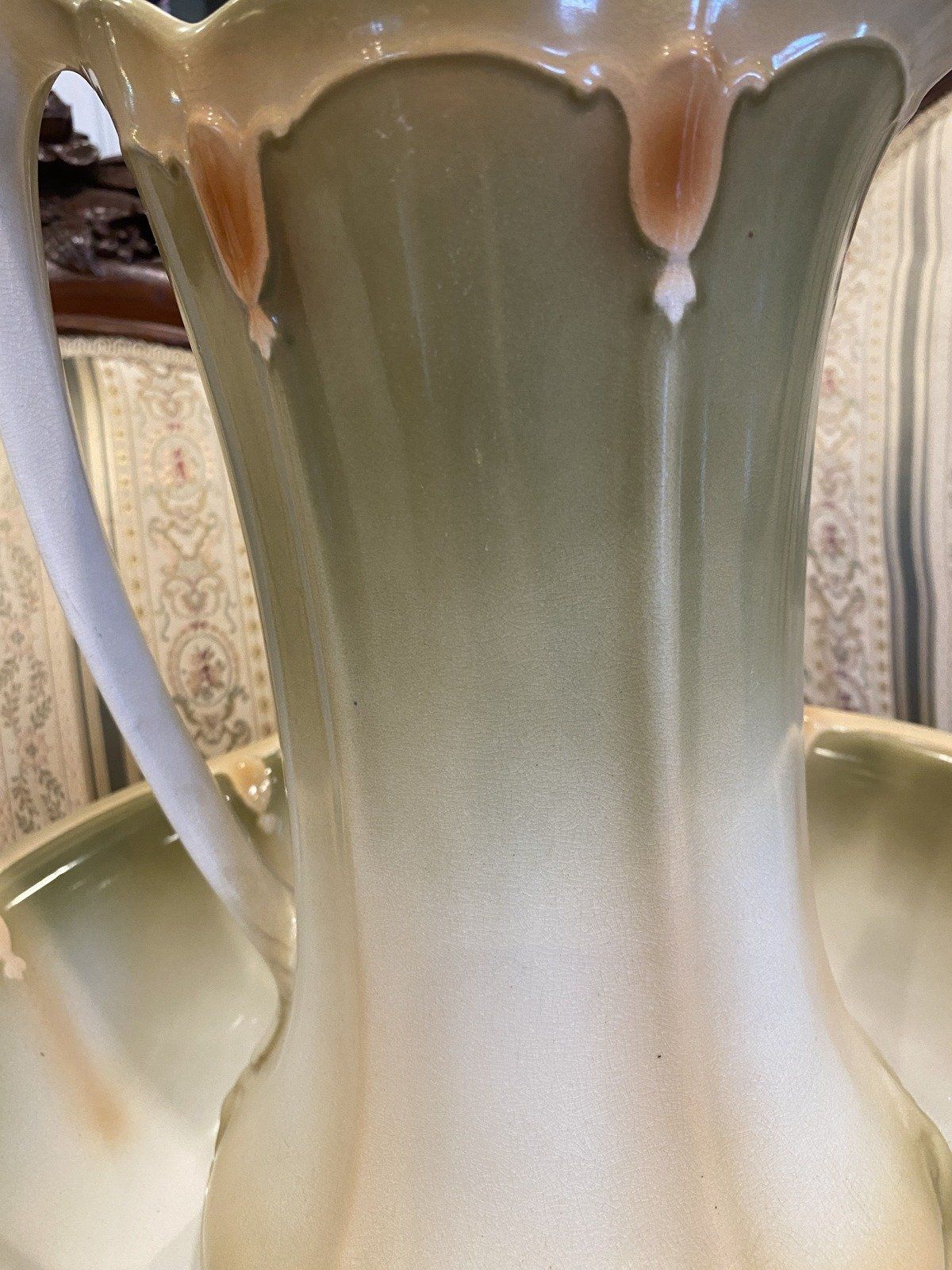 Antique 19th Century Victorian Art Nouveau Ceramic Wash Pitcher + Basin 7