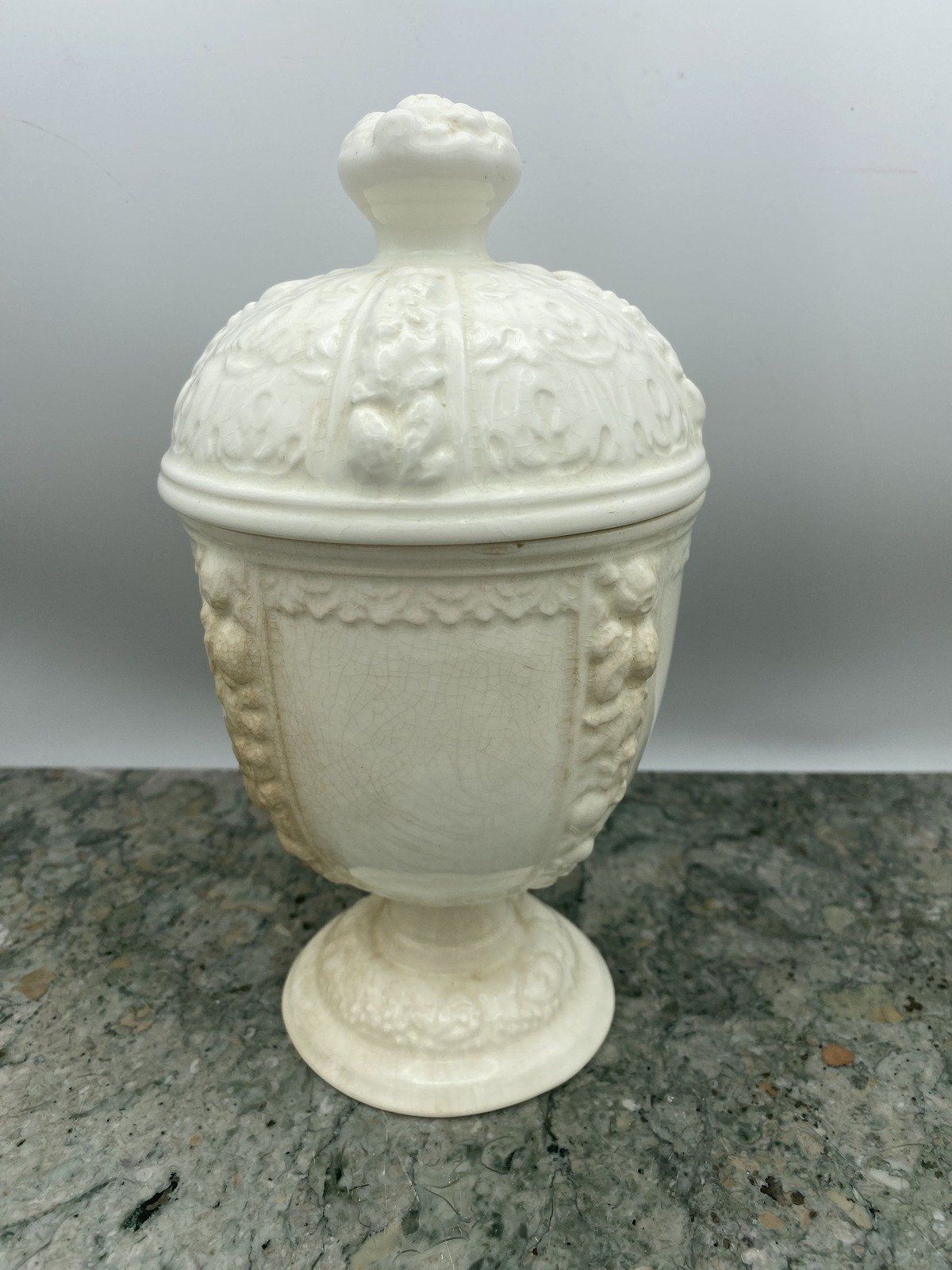 Antique Bavaria Bone Glazed Ceramic Fruit Motif Lidded Urn 3