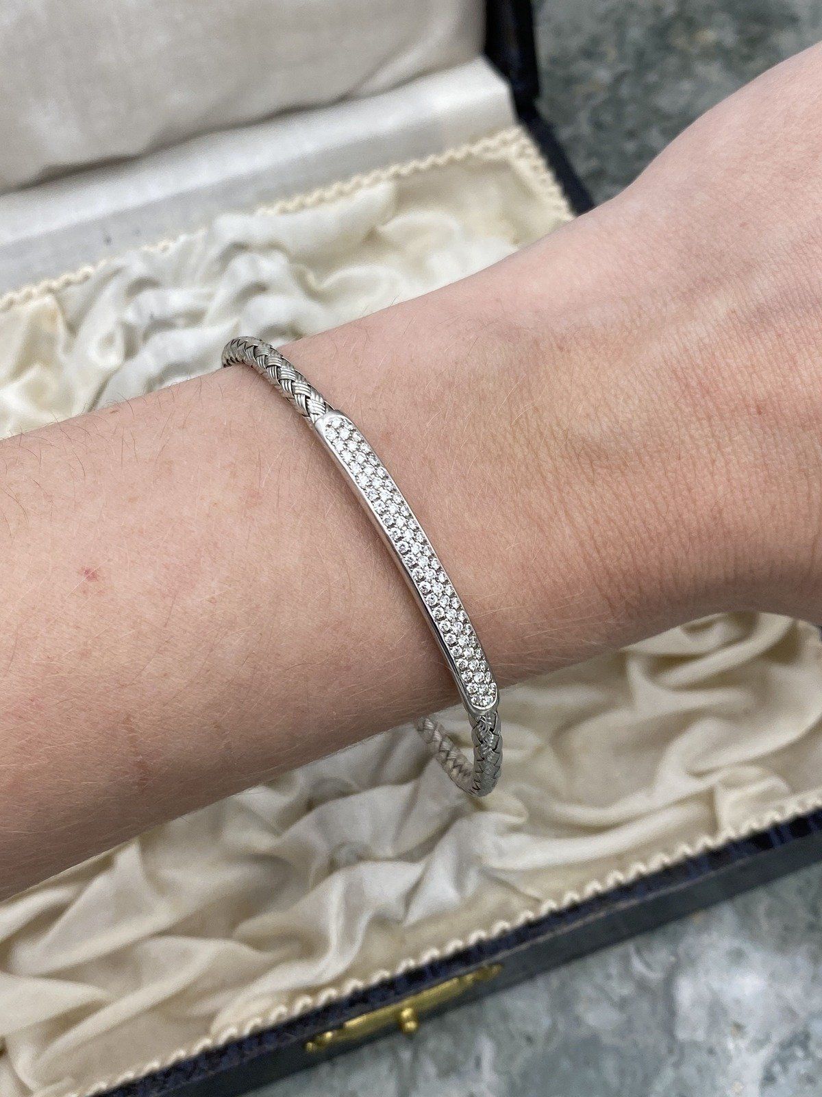 14k White Gold Woven Wire Pave Diamond Bangle Bracelet 7L #2539 10