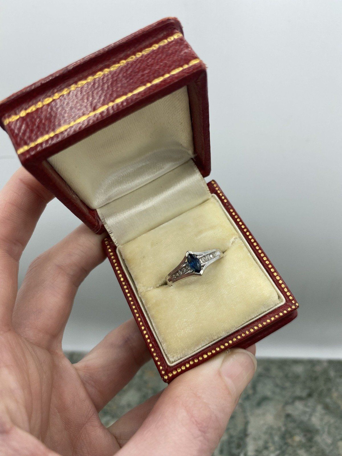 10k White Gold Marquise Blue Sapphire Peaked Ring w Diamond Shoulders 2