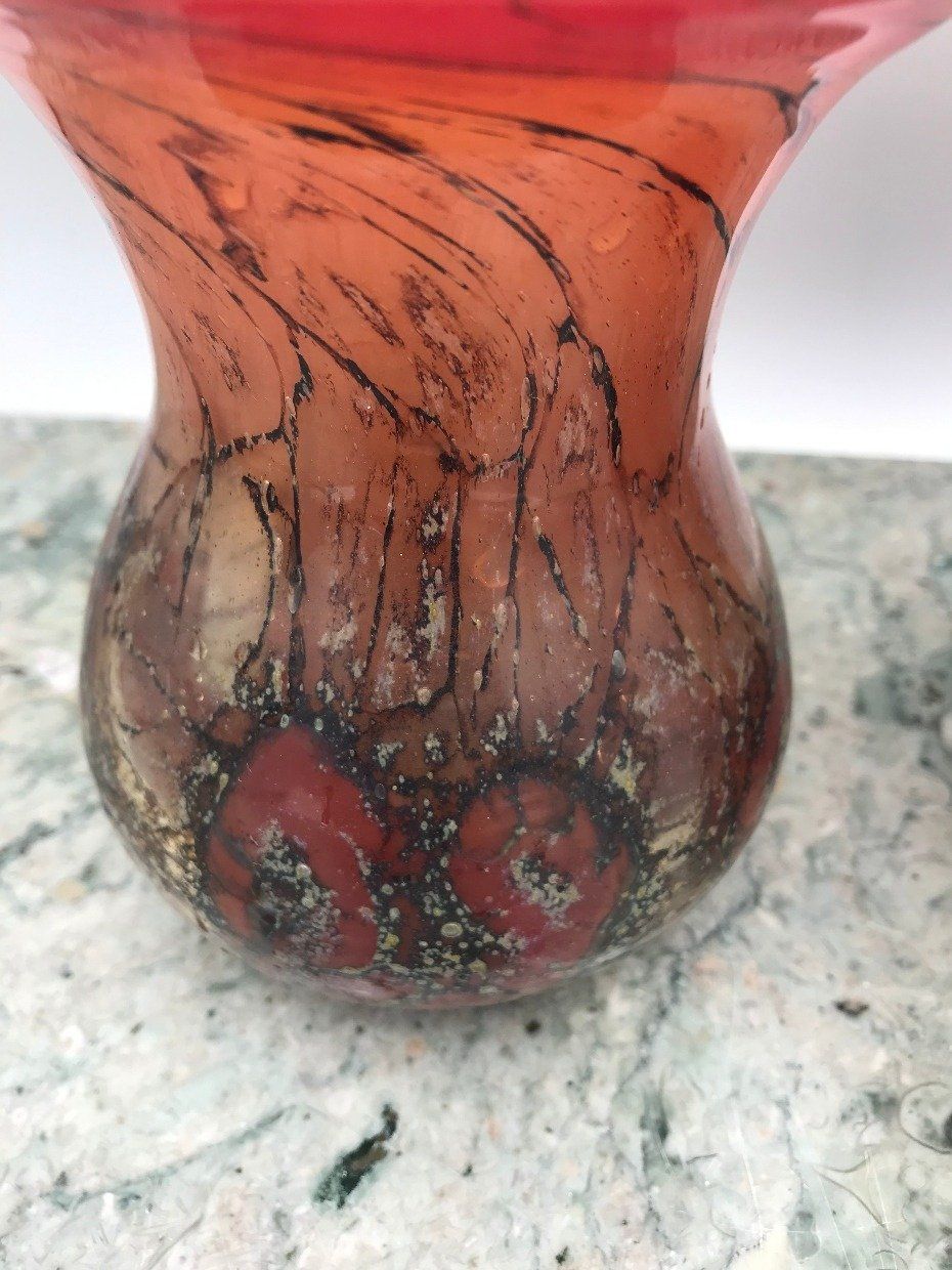 Red Glass Blown Candle Votive + Vase w Veining 2