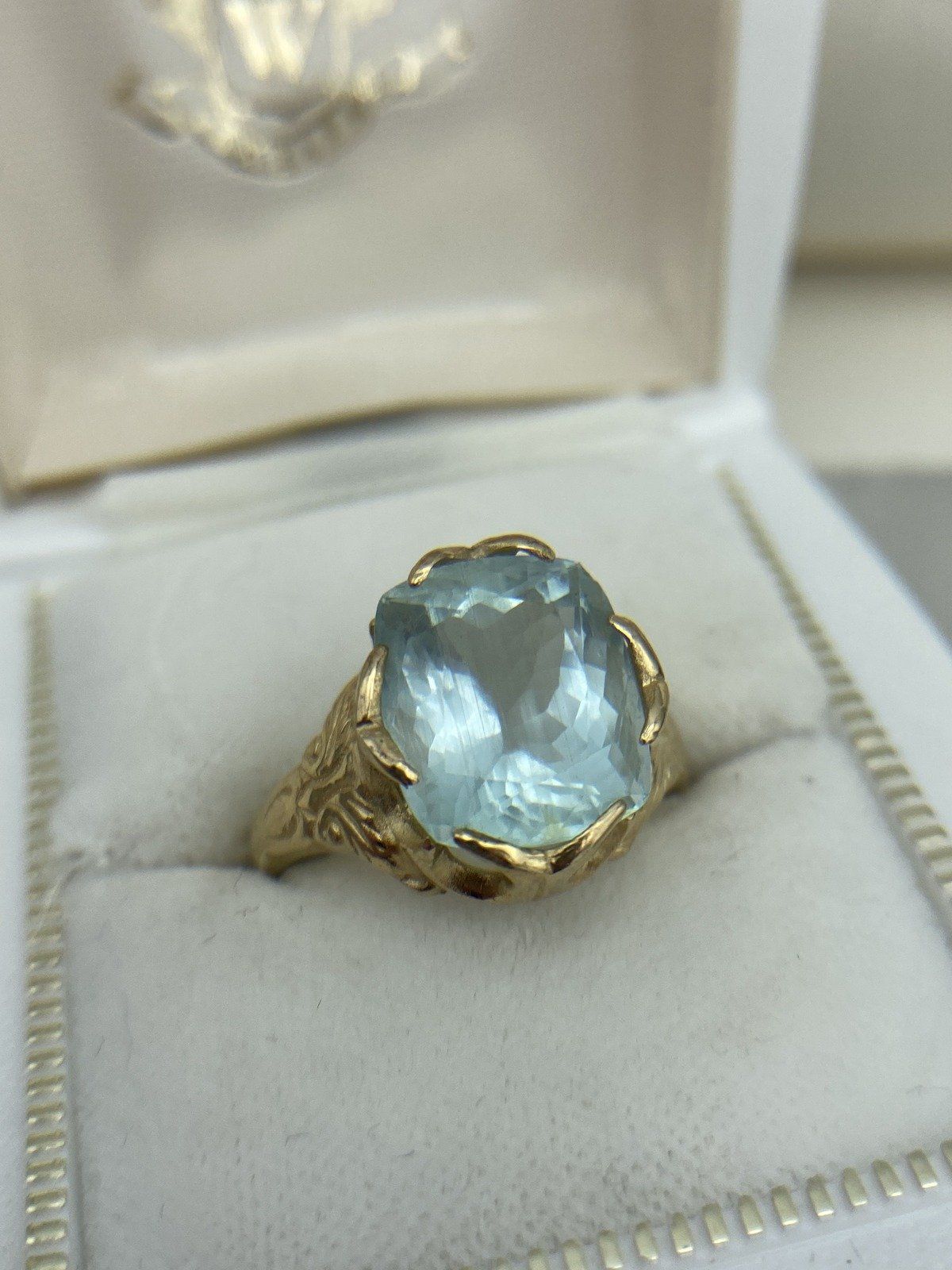 Antique Victorian 14k Gold High Quality Natural Cushion Cut Aquamarine Dress Ring w Carved Shoulder Motif + Lovely Prong Design 14