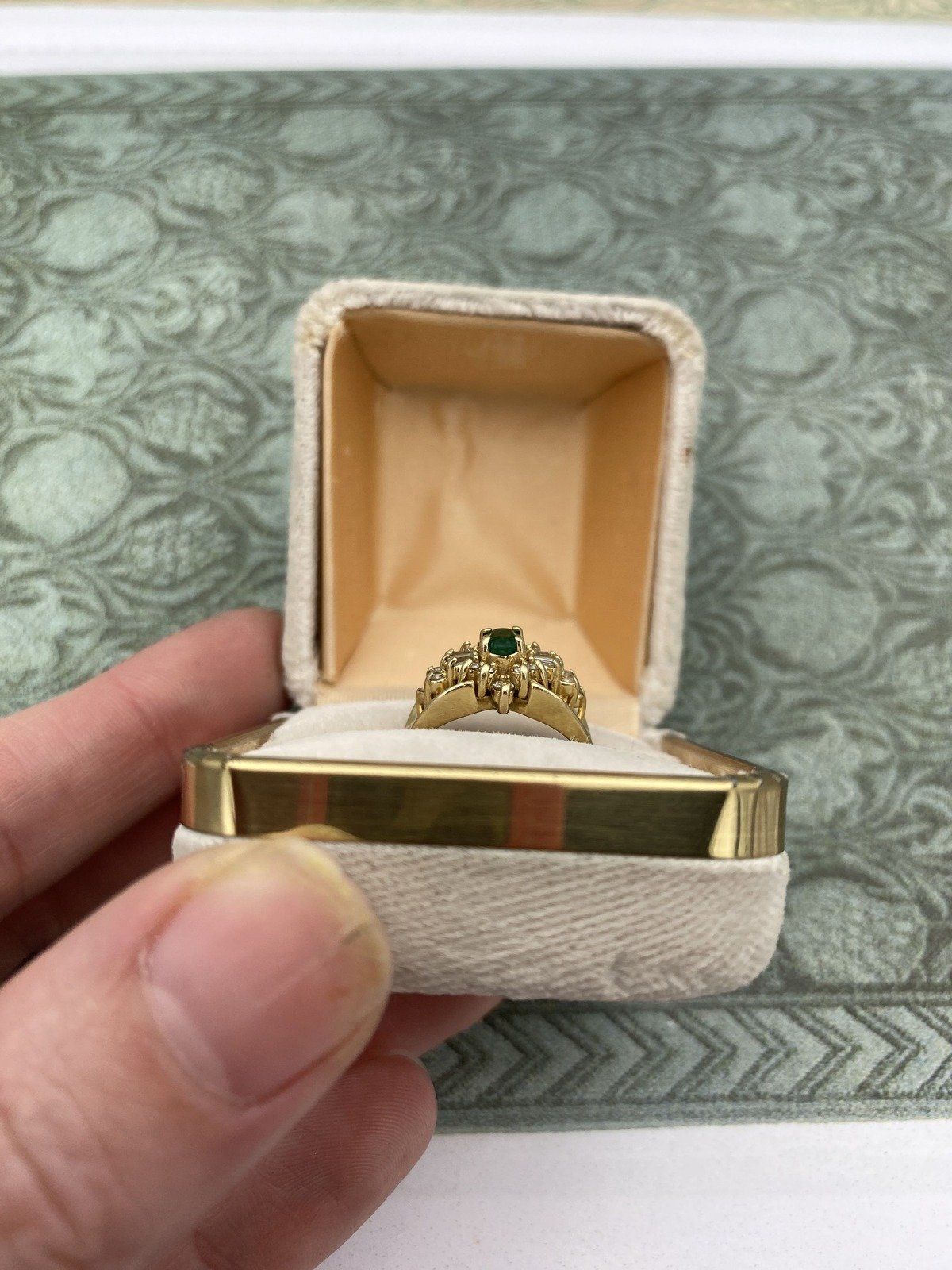 Vintage 14k Gold Emerald + Baguette Diamond Burst Ring w Taper Cupped Shoulders #2533 2