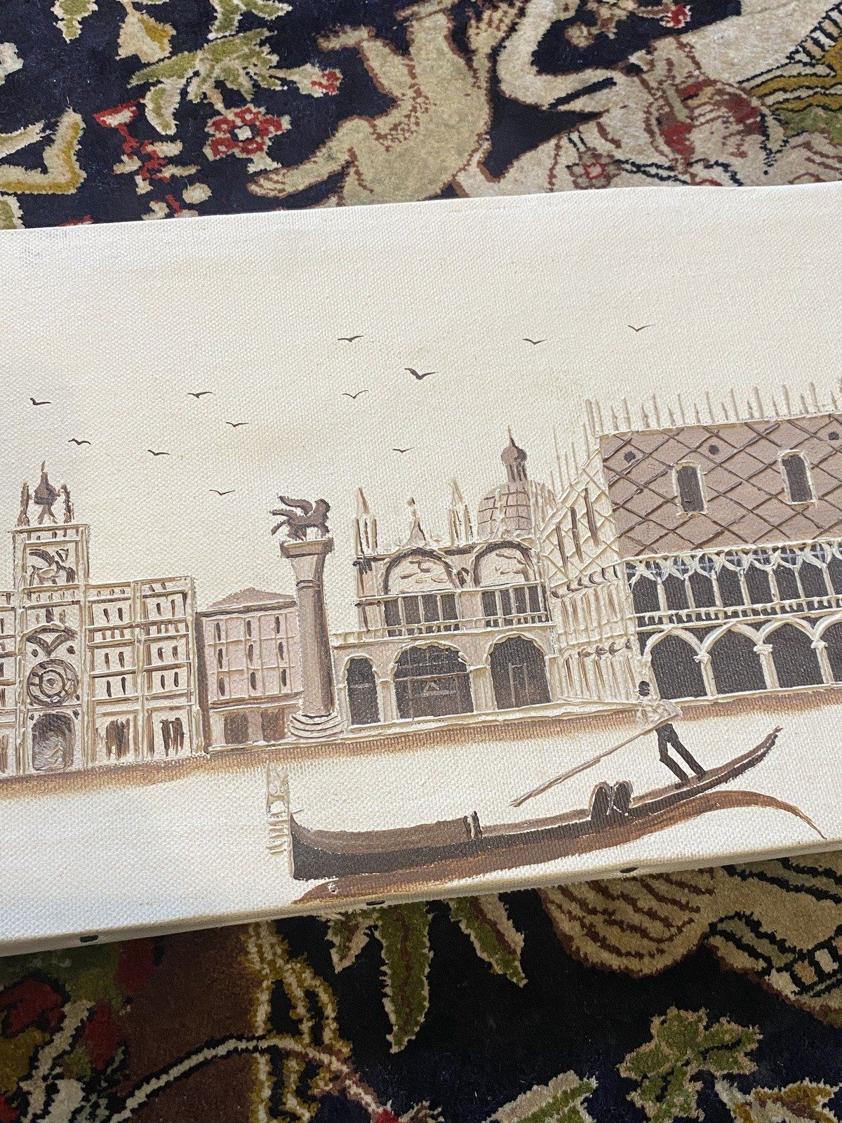 Signed Original Acrylic European City + Canal Sepia 16x8 Vintage Painting 3