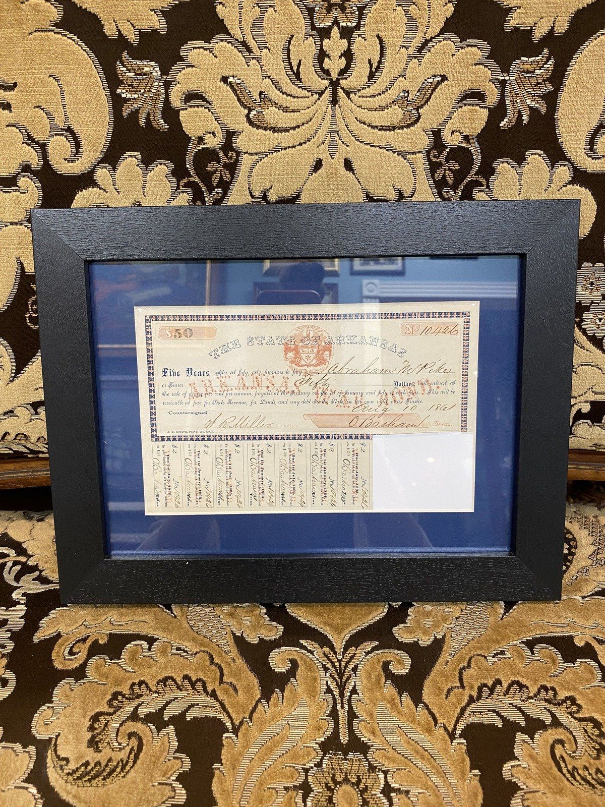 Framed Civil War Era Arkansas State c.1861 $50 War Bond