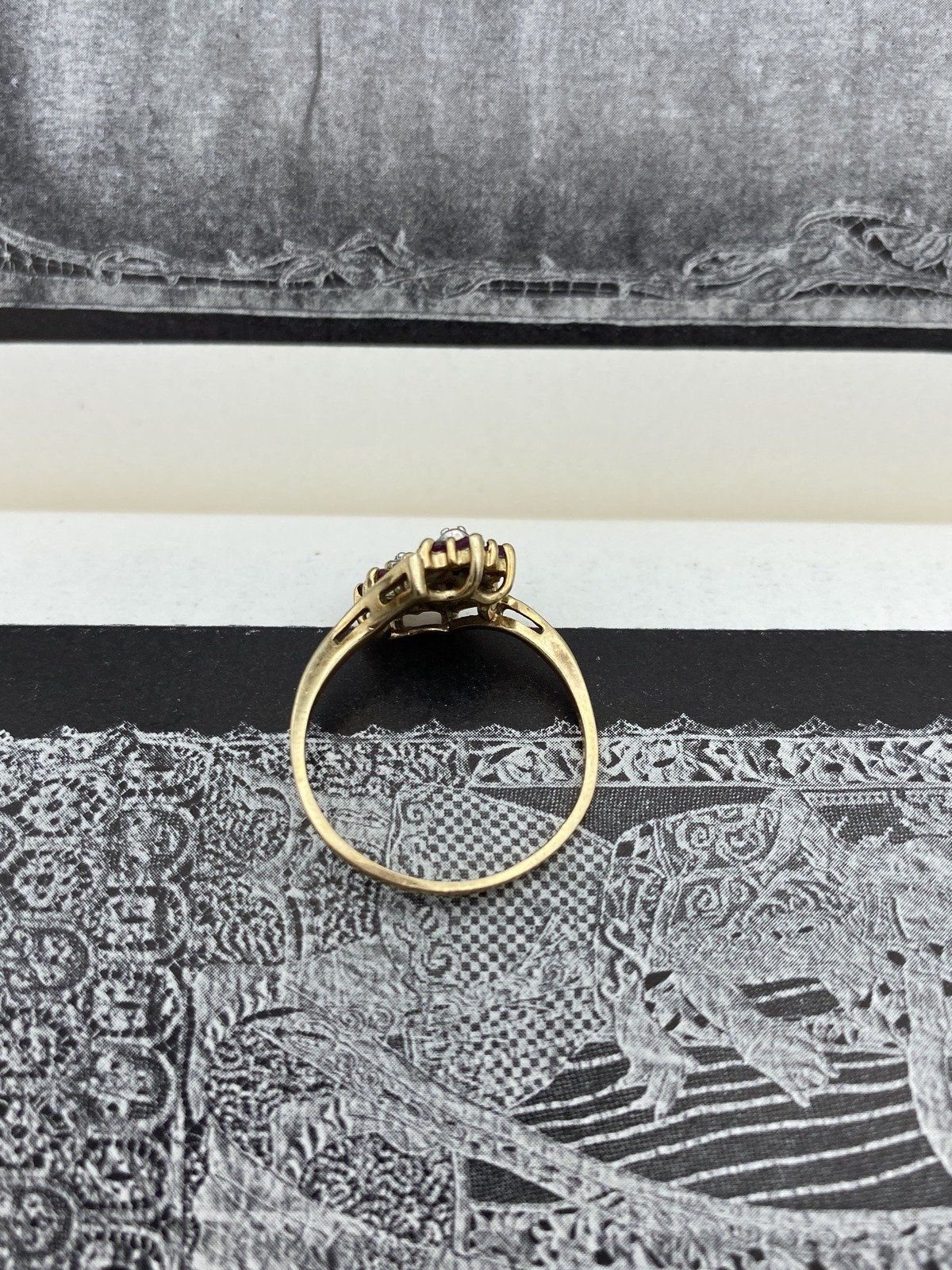 Vintage 10k Gold Ruby Double Flower Bypass Ring w Diamond Centers #2768 2