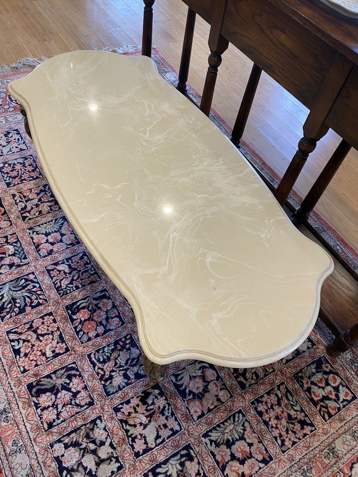Modern Victorian Inspired Marble Top + Blonde Gilt Coffee Table