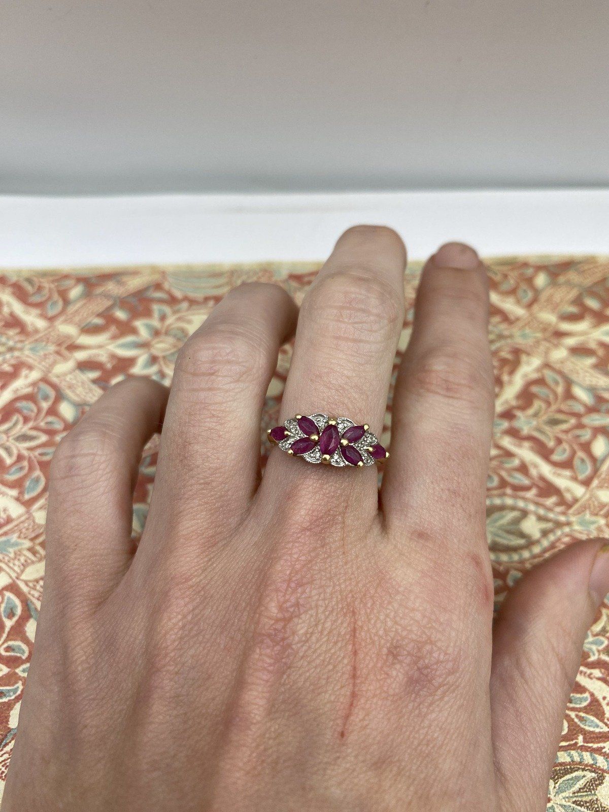 10k Gold Marquise Cut Natural Ruby Almonde Ring w Butterfly Arranged Gems 5