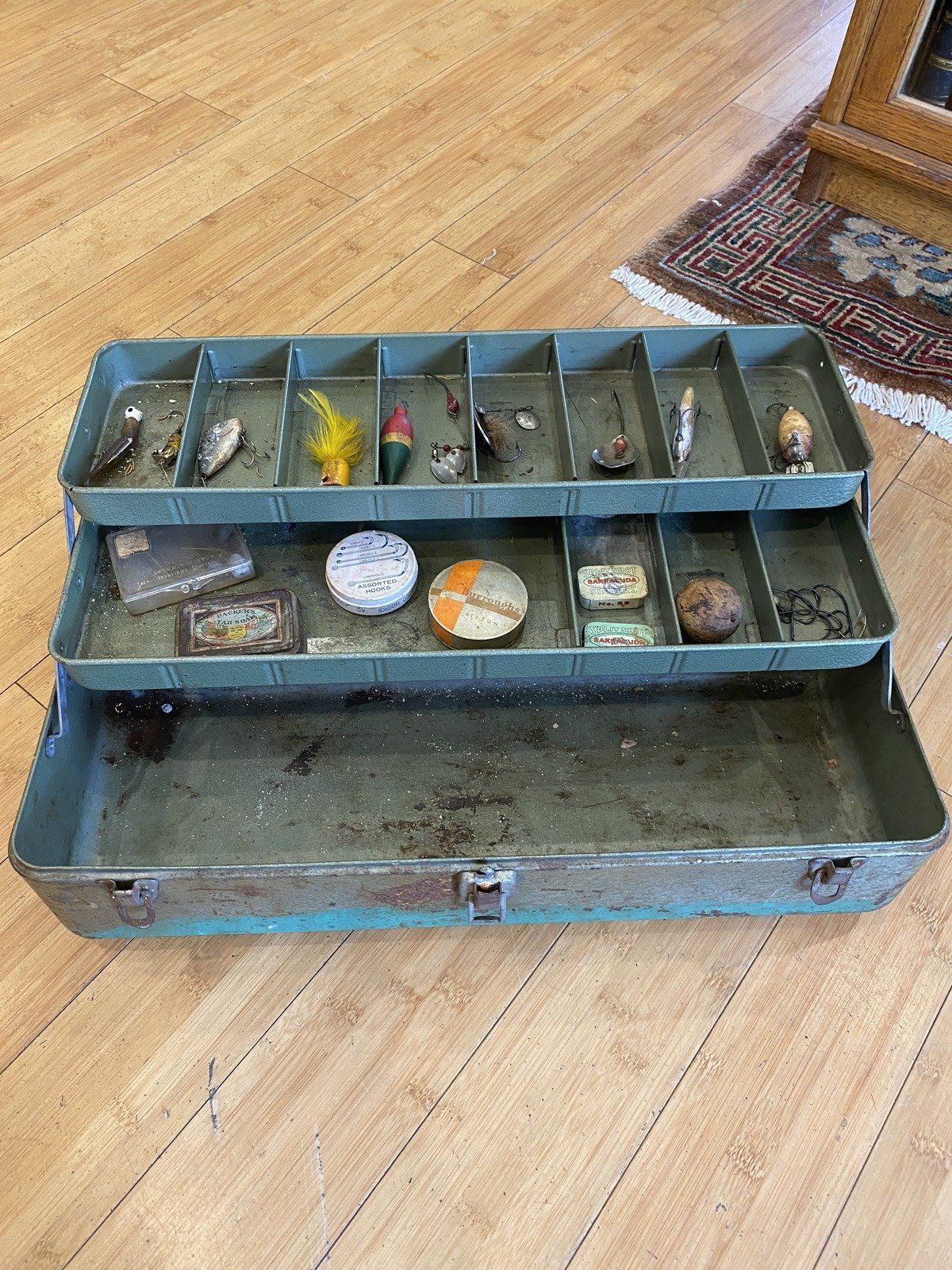 Vintage Belknap Blue Grass Metal Fishing/Tool Tackle Box + Misc. Fishing Accessories + Tins 2