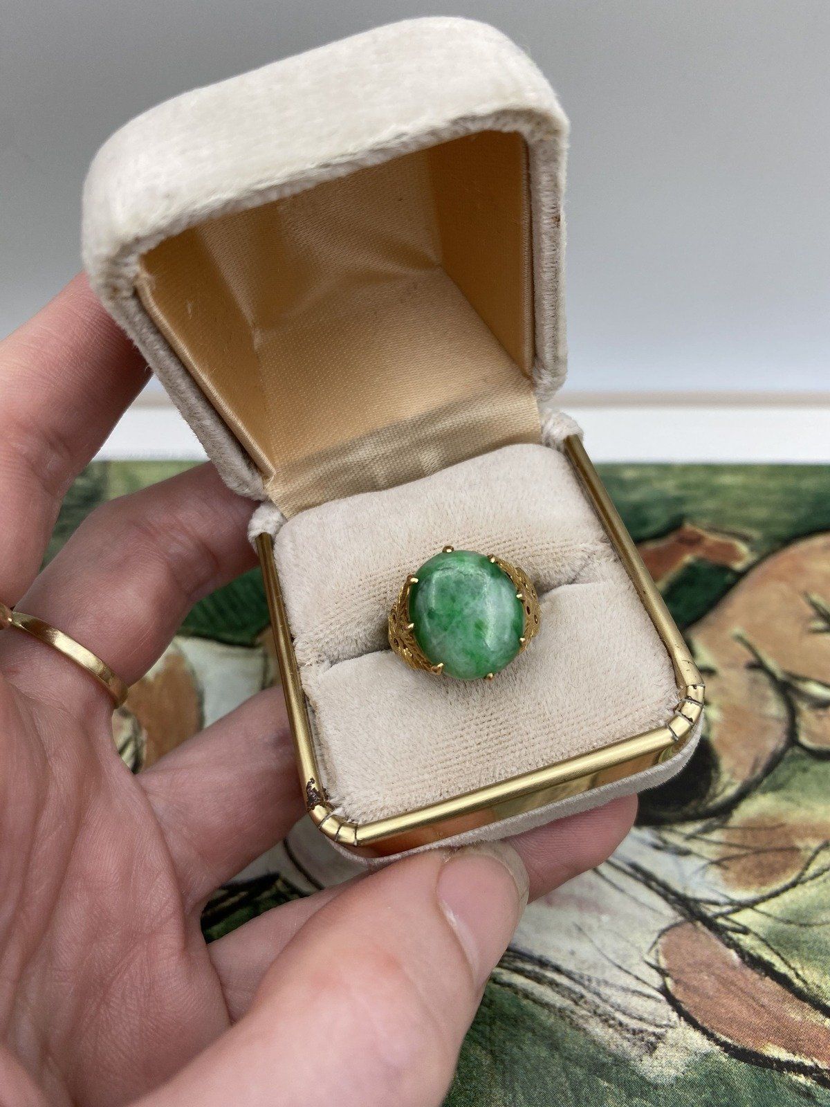 Antique 22k Gold Natural Jade Ring w Fauna Shoulders #2804 13