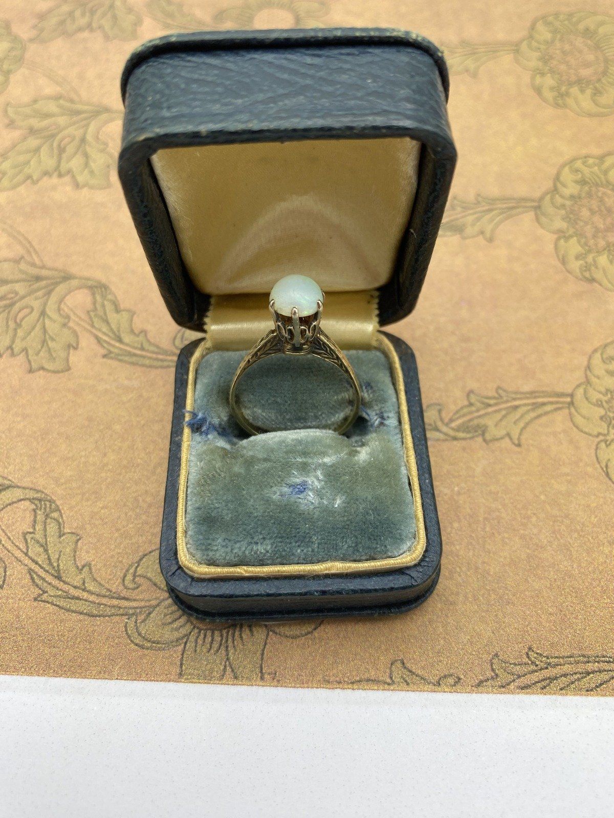 Antique Edwardian 14k Gold Matte Domed Opal Ring w Ornately Etched Setting #2734 8