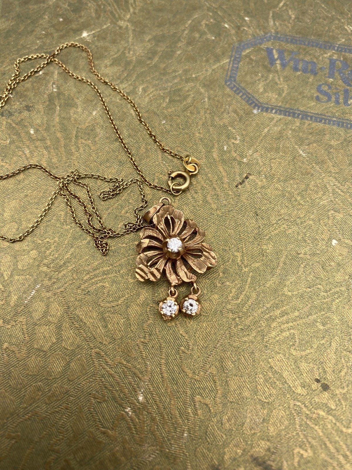 Antique Victorian 18k Gold Flower 18L Drop Necklace w Diamond Center + Charms 7