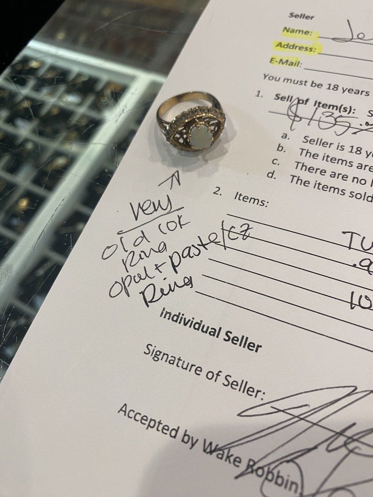 Antique 14k Gold Opal + Old Mine Diamond Almond Eye Ring 8