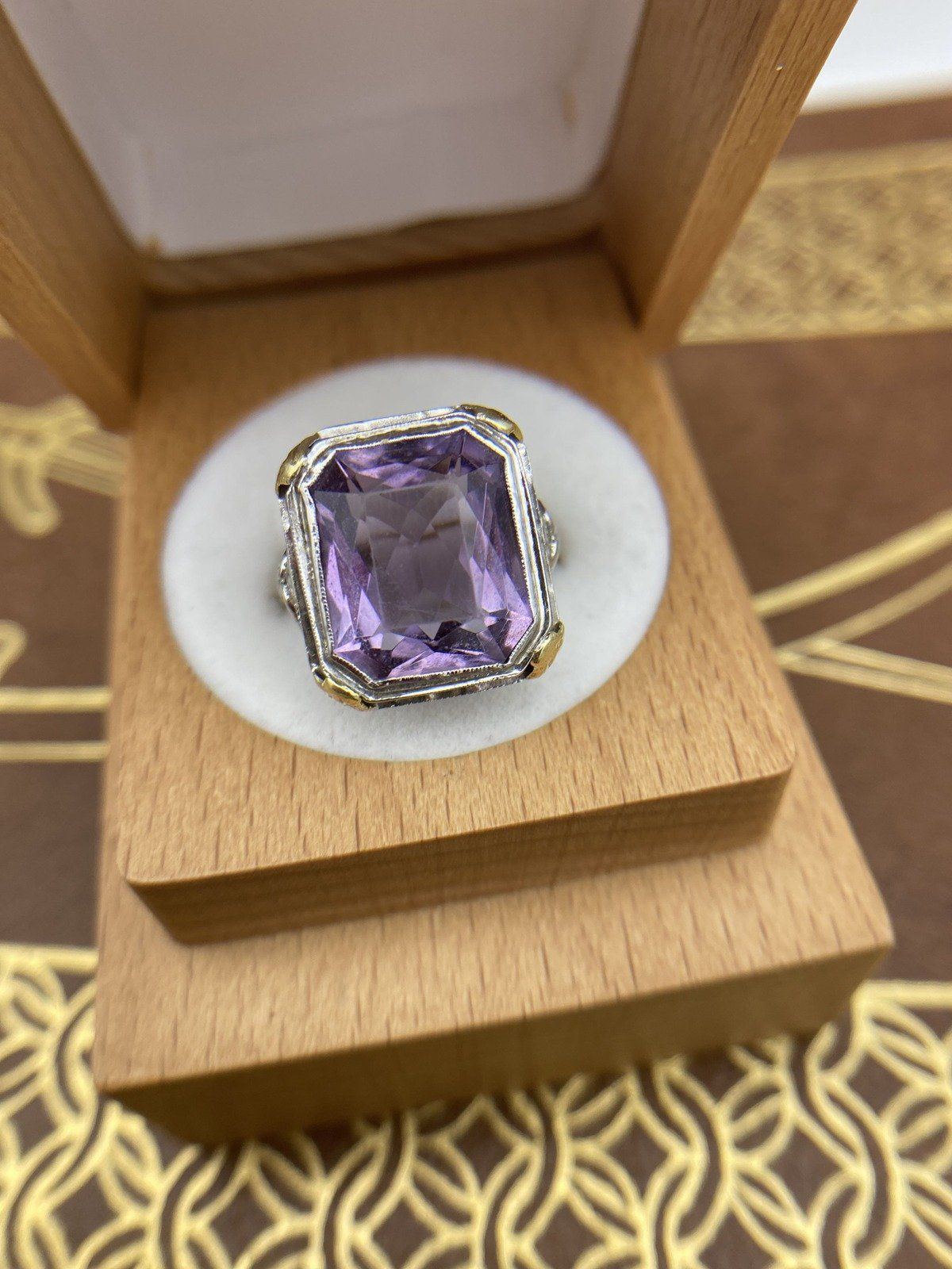 Antique 18k White Gold Large Filigree Art Deco c.1910s/20s Amethyst Cocktail Ring w Yellow Gold Details #2678 9