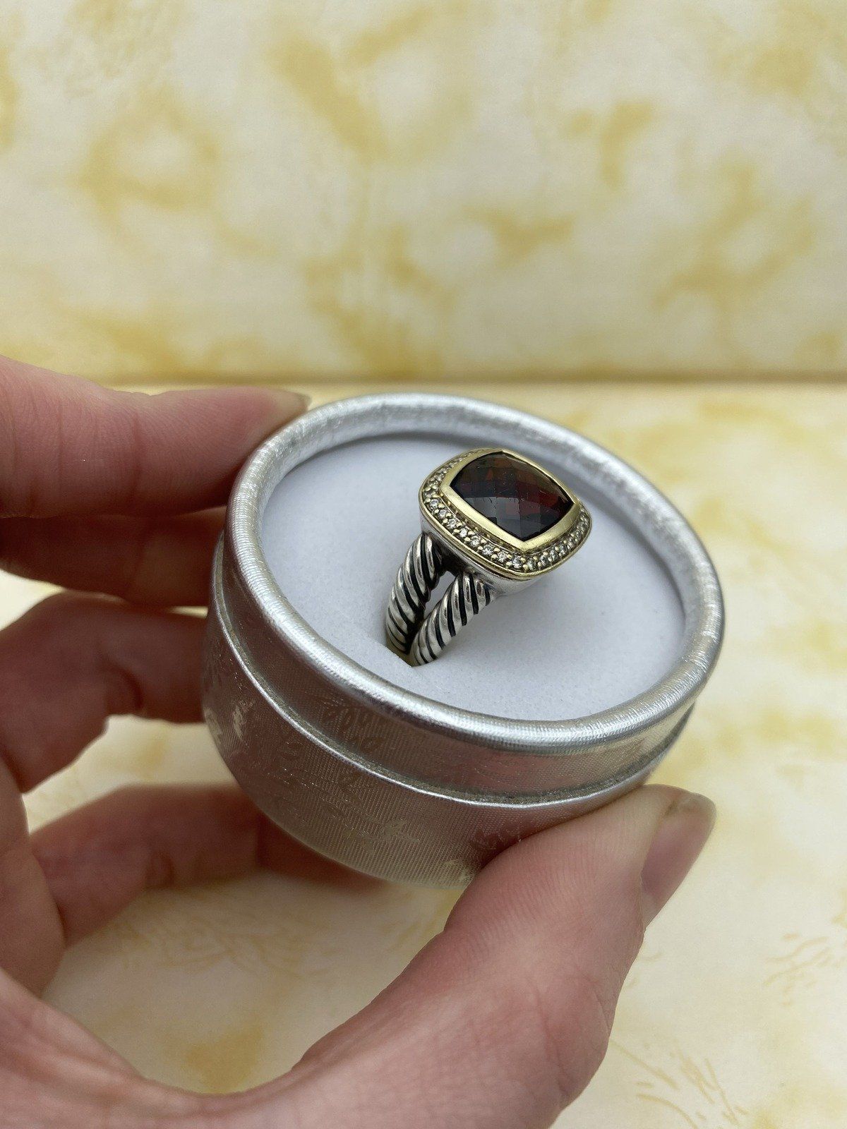 David Yurman Sterling Silver + 18k Garnet Cushion Cut Cable Twist Ring w Pave Diamond Bezel 2