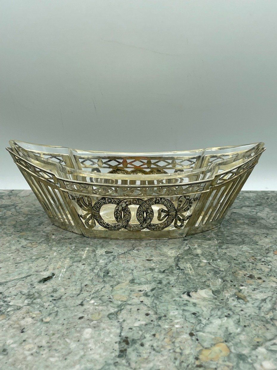 Antique German .800 Silver Reticulated Interlocking Wreath Relish Server w Art Deco Glass Insert