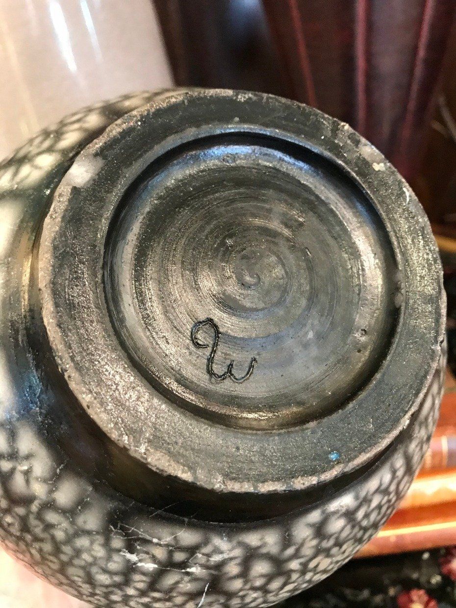 Signed Earthware Pottery Vase Ink + Cream 2