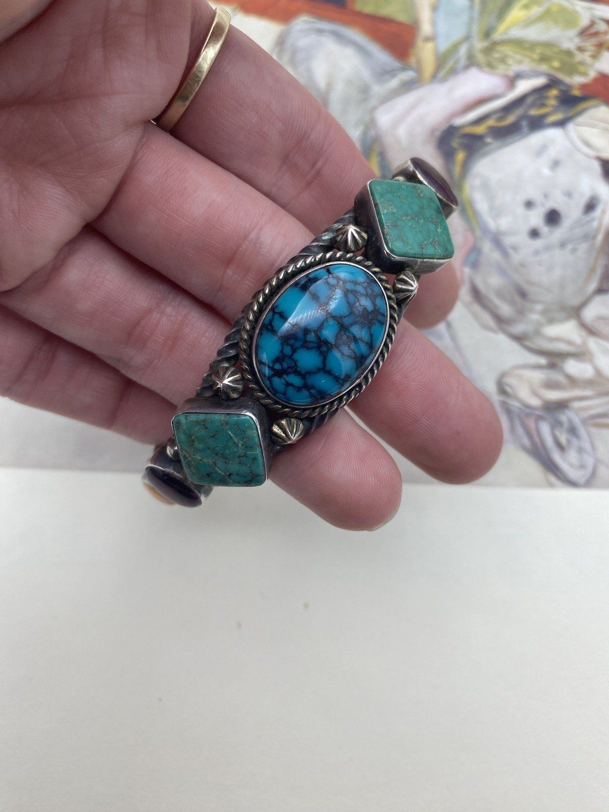 Signed Native American Arron Toadlena Sterling Silver Turquoise + Spiny Oyster Cuff Bracelet 6