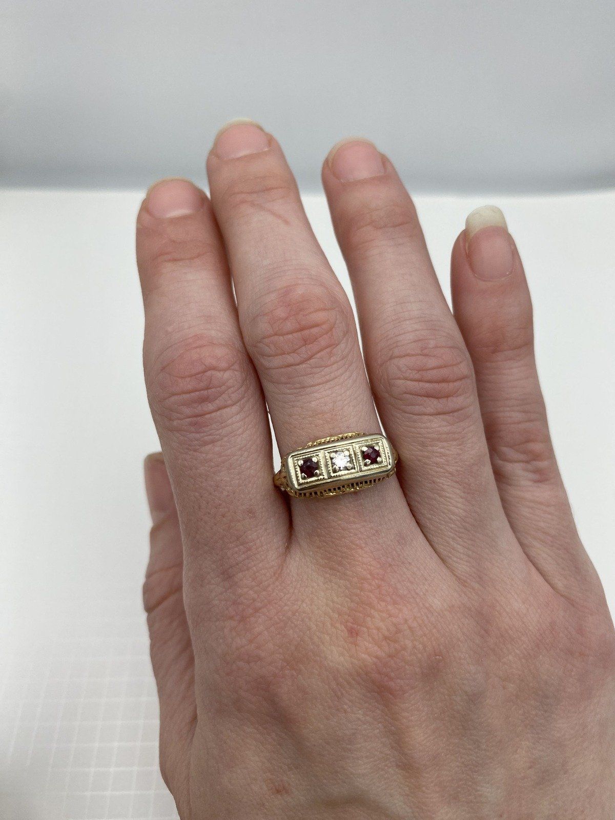 Antique Dual 14k Gold Ruby + Diamond Filigree Dress Ring 7