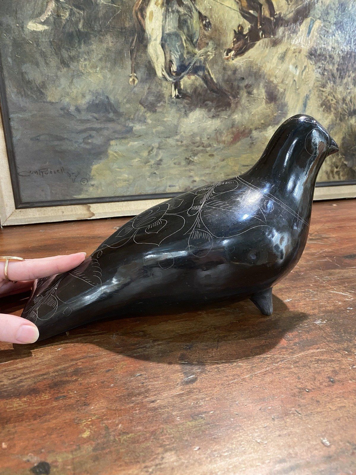 XL Signed Black Ceramic Clay Mexico Pottery Bird 9