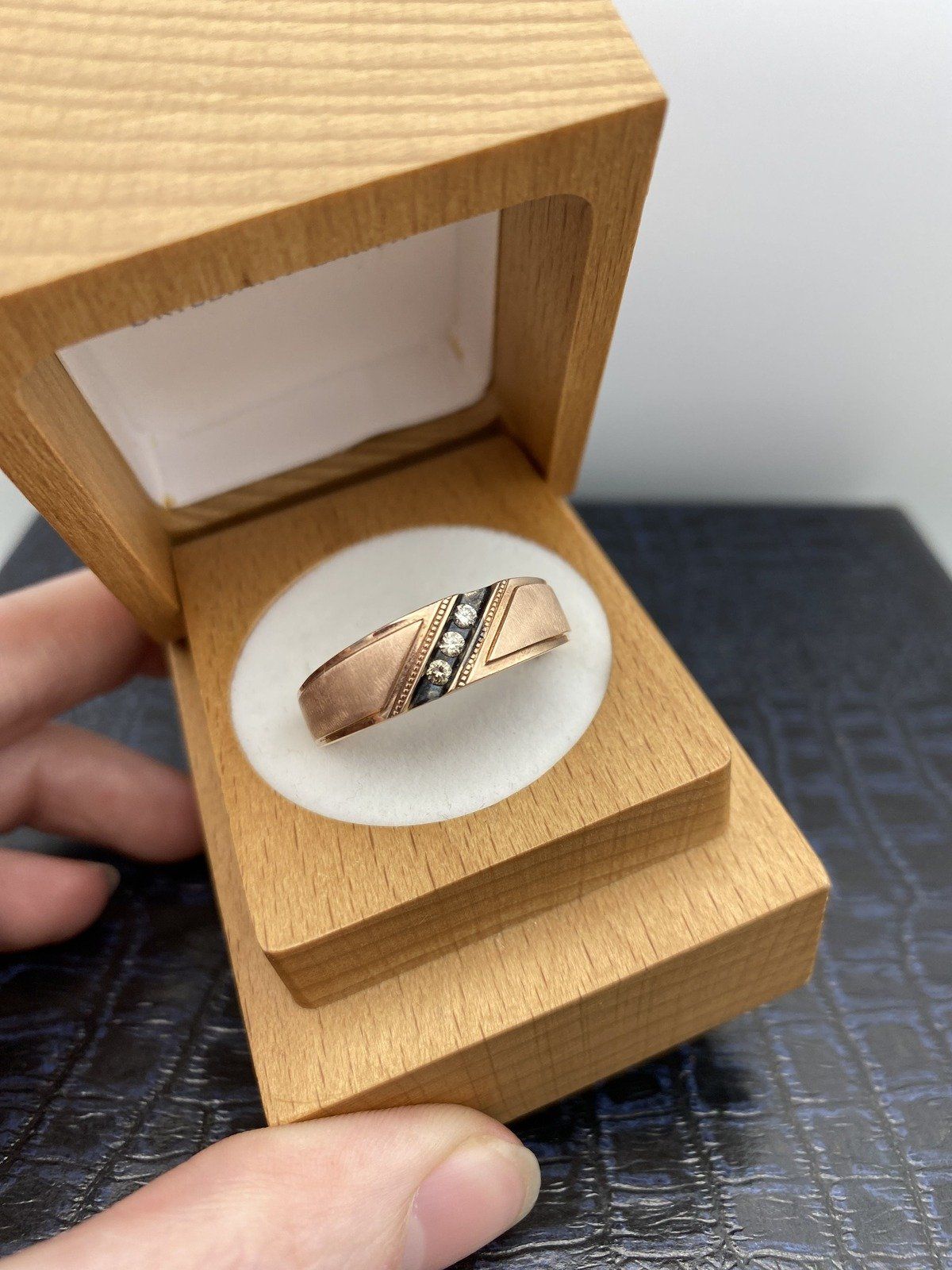 Men's 10k Brushed Rose Gold + Black Enamel Diamond Ring 2