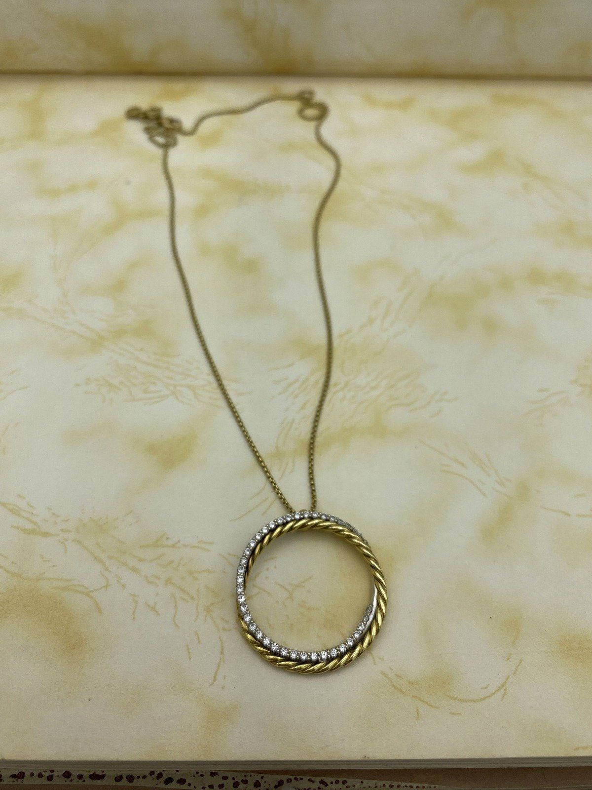 David Yurman 18k Solid Gold Cable Twist + Pave Diamond Interlocking Ringed 17L Necklace 4