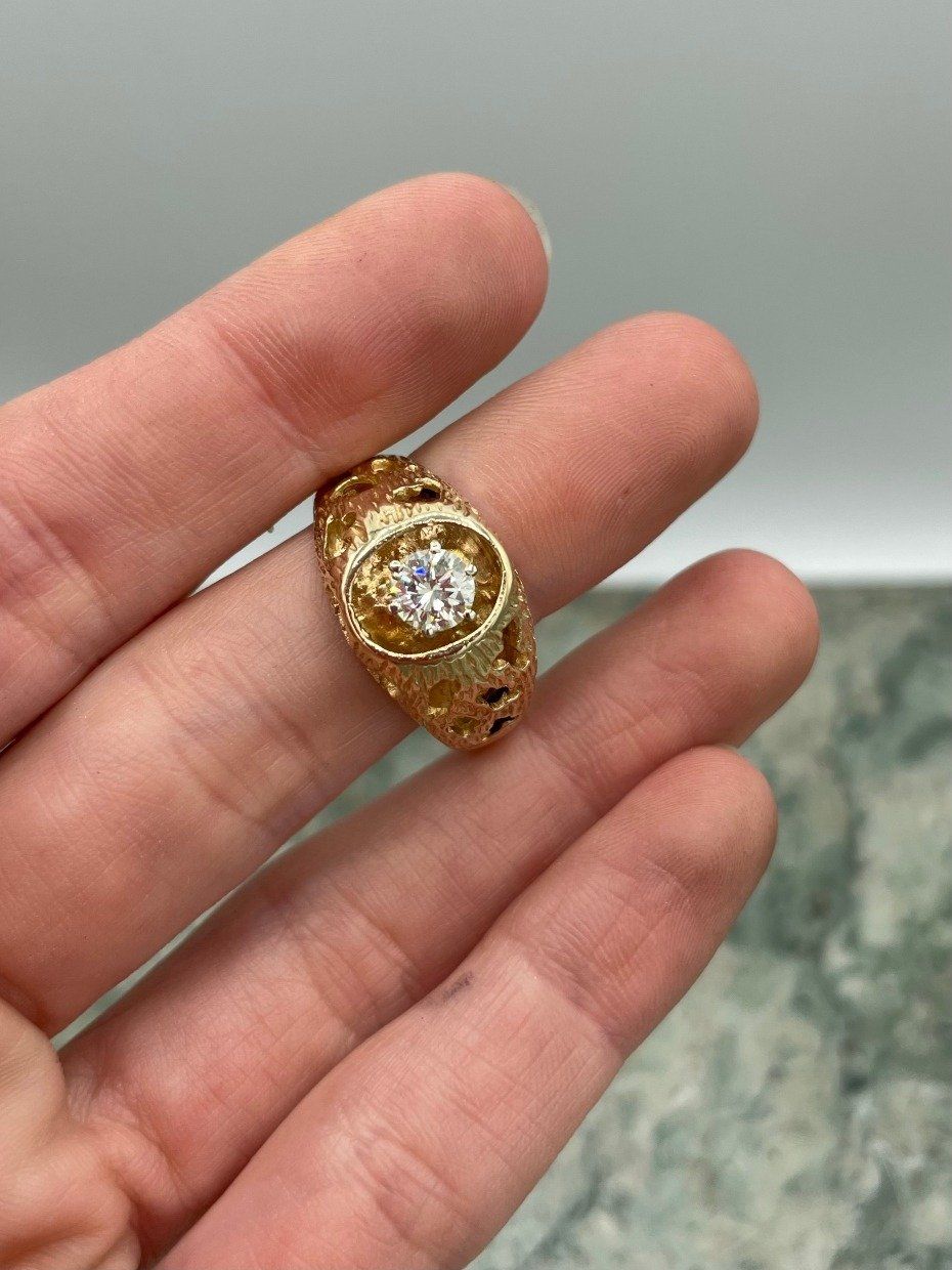 Handsome 14k Gold Sculptural Nugget Dimensional Set Floating .75ct Solitaire Diamond Men's Ringj 3