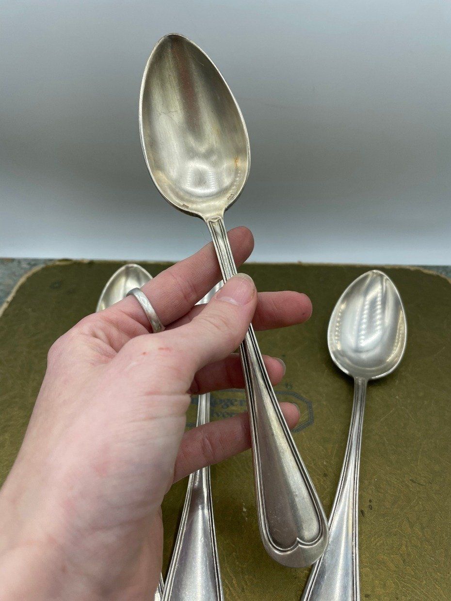 Set of 8 Weighty Antique Fiddle Back Silver Plated Colossal Fork + Spoon 7