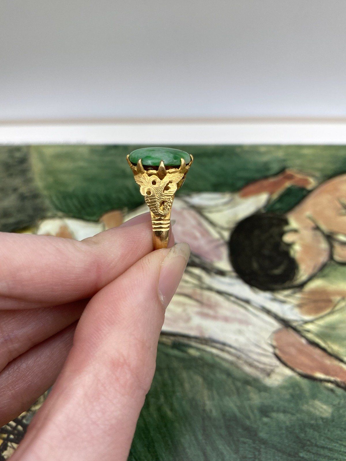 Antique 22k Gold Natural Jade Ring w Fauna Shoulders #2804 5