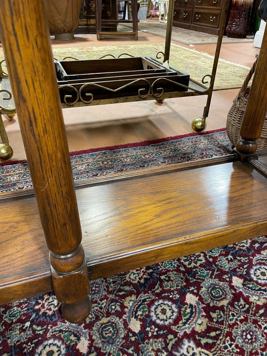 Antique Reproduction Oak Console Table w Heart Details 3