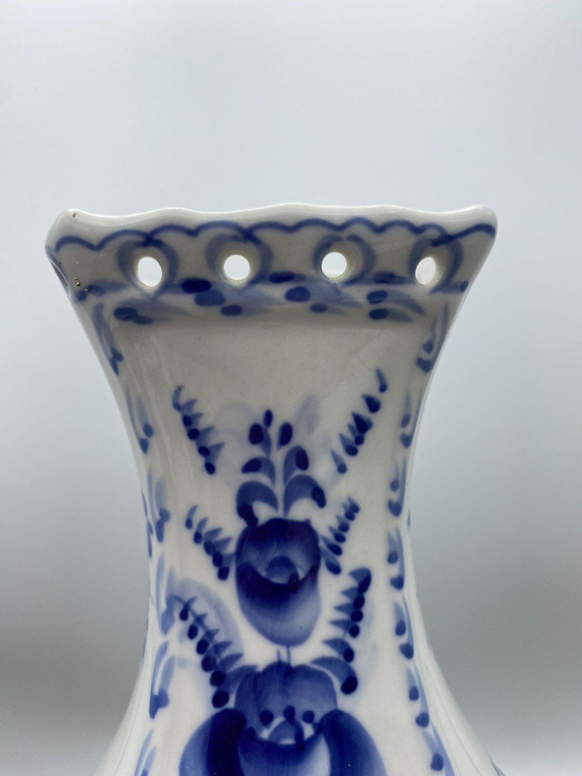 Dutch Delft Blue + White Rose Floral Footed Vase 5