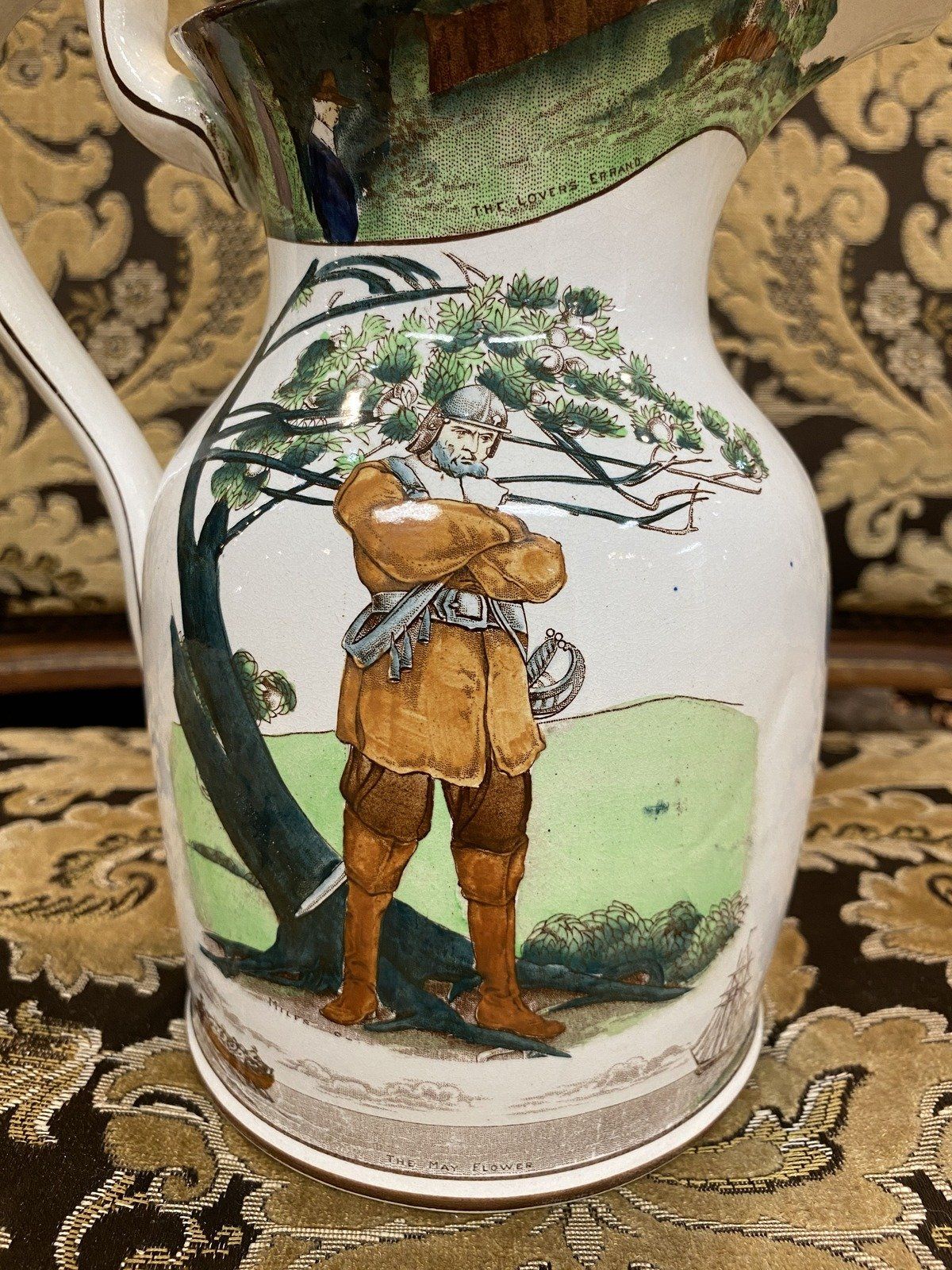 Antique c.1908 Ceramic Hand Painted Mayflower Pilgrimage Finely Detailed Buffalo Pottery Crock Milk Pitcher 8
